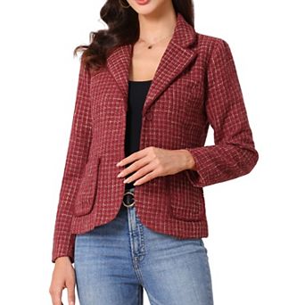 Plaid Tweed Jacket for Women's Notch Lapel Button Elegant Long Sleeve Blazer Jackets