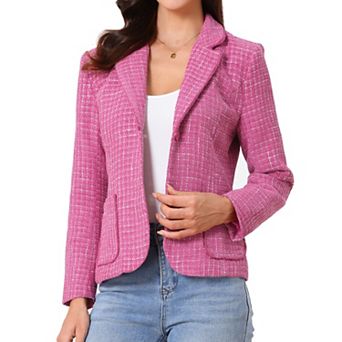 Plaid Tweed Jacket for Women's Notch Lapel Button Elegant Long Sleeve Blazer Jackets