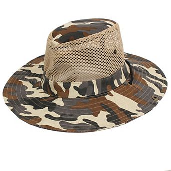 Men Wide Full Brim Brown Black Camouflage Mesh Design Fishing Outdoor Sun Hiking Hat Cap