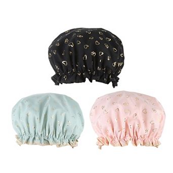 3 pc Shower Cap 2 Layers Heart Shape Elastic Hair Cap Reusable Bath Caps For Women Pink Green Black