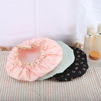 3pcs Shower Cap 2 Layers Heart Shape Elastic Hair Cap Reusable Bath Caps For Women Pink Green Black