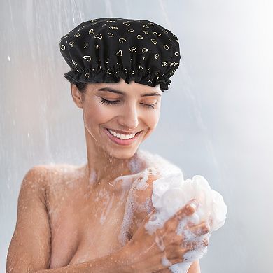 3pcs Shower Cap 2 Layers Heart Shape Elastic Hair Cap Reusable Bath Caps For Women Pink Green Black