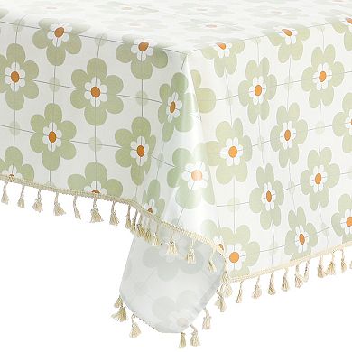 Rectangle Floral Tablecloth Faux Pu Table Cover With Tassels
