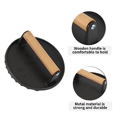 Cast Iron Smash Bacon Press Meat Steak With Wood Handle For Griddle Sandwich Nonstick Pan