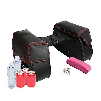 New 31x30x13CM Pair Black PU Leather Motorcycle Tool Luggage Side Saddlebags With Water Bottle