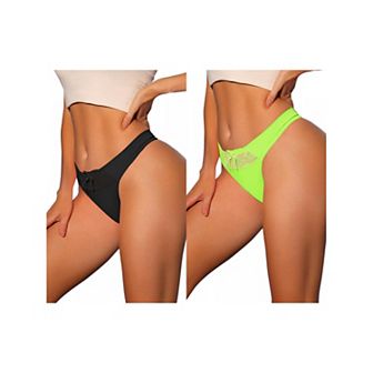 2 Packs Women's Low-waisted Satin Bikini Panties Elastic Lace Waist Thongs Underwear Muti-color