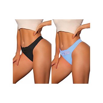 2 Packs Women's Low-waisted Satin Bikini Panties Elastic Lace Waist Thongs Underwear Muti-color