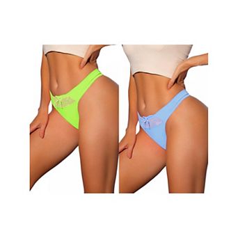 2 Packs Women's Low-waisted Satin Bikini Panties Elastic Lace Waist Thongs Underwear Muti-color