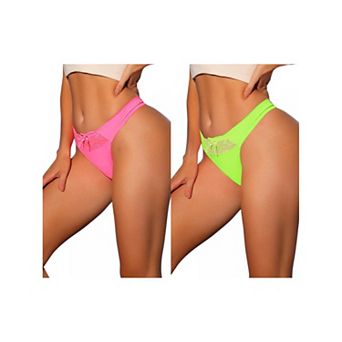2 Packs Women's Low-waisted Satin Bikini Panties Elastic Lace Waist Thongs Underwear Muti-color