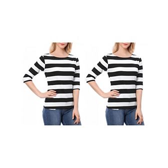 2 Packs Women's Casual T-shirt Elbow Sleeves Slim Fit Boat Neck Tops