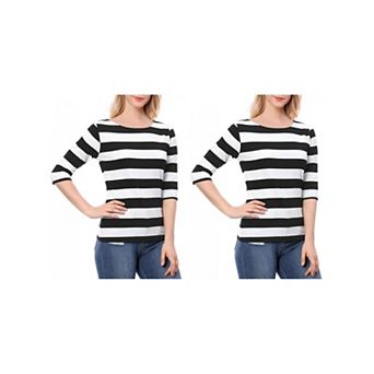 2 Packs Women's Casual T-shirt Elbow Sleeves Slim Fit Boat Neck Tops