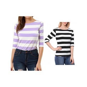 2 Packs Women's Casual T-shirt Elbow Sleeves Slim Fit Boat Neck Tops