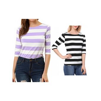 2 Packs Women's Casual T-shirt Elbow Sleeves Slim Fit Boat Neck Tops