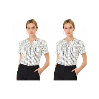 2 Packs Women's Dots Printed V Neck Short Sleeve Work Office Blouse Tops