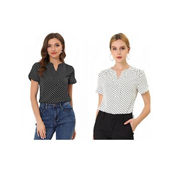 2 Packs Women's Dots Printed V Neck Short Sleeve Work Office Blouse Tops