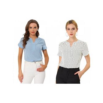 2 Packs Women's Dots Printed V Neck Short Sleeve Work Office Blouse Tops