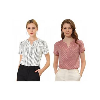 2 Packs Women's Dots Printed V Neck Short Sleeve Work Office Blouse Tops
