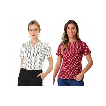 2 Packs Women's Dots Printed V Neck Short Sleeve Work Office Blouse Tops