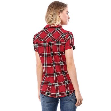 2 Packs Women's Cotton Boyfriend Button Front Short Sleeves Plaid Shirts