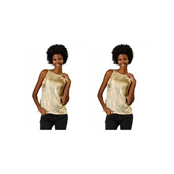 2 Packs Women's Metallic Crew Neck Sleeveless Cam Tank Tops