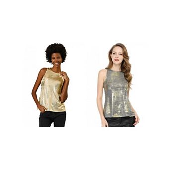 2 Packs Women's Metallic Crew Neck Sleeveless Cam Tank Tops