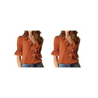 2 Packs Women's Ruffled V Neck Blouse Half Bell Sleeve Casual Chiffon Tops