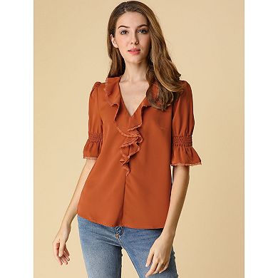 2 Packs Women's Ruffled V Neck Blouse Half Bell Sleeve Casual Chiffon Tops