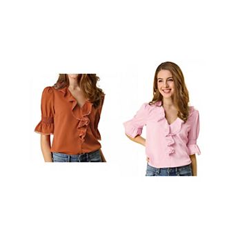 2 Packs Women's Ruffled V Neck Blouse Half Bell Sleeve Casual Chiffon Tops
