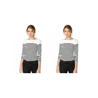 2 Packs Women's Color Block Long Sleeve Striped Causal T-shirts