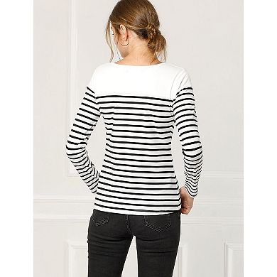 2 Packs Women's Color Block Long Sleeve Striped Causal T-shirts