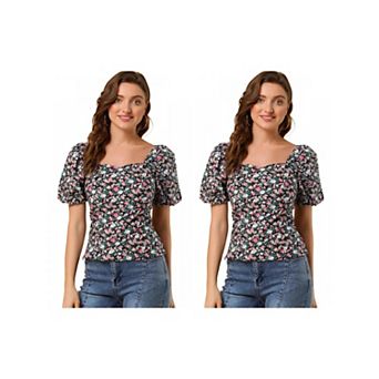 2 Packs Women's Sleeve Square Neck Peasant Floral Blouse Tops