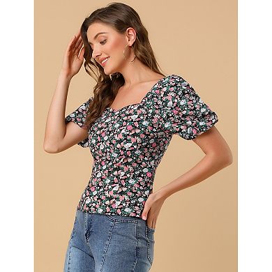 2 Packs Women's Sleeve Square Neck Peasant Floral Blouse Tops