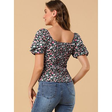 2 Packs Women's Sleeve Square Neck Peasant Floral Blouse Tops