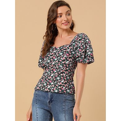 2 Packs Women's Sleeve Square Neck Peasant Floral Blouse Tops