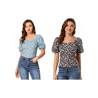 2 Packs Women's Sleeve Square Neck Peasant Floral Blouse Tops