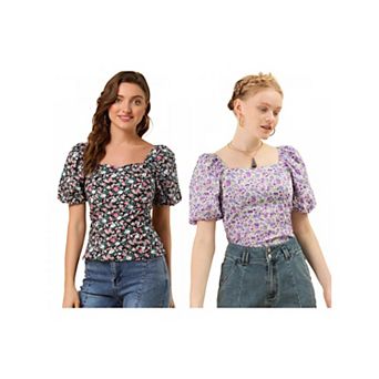 2 Packs Women's Sleeve Square Neck Peasant Floral Blouse Tops