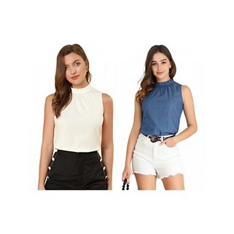 2 Packs Women's Denim Sleeveless Top Frill Mock Neck Ruffle Chambray Blouses