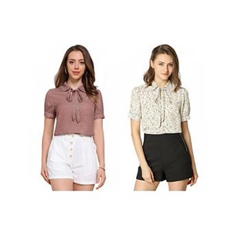 2 Packs Women's Retro Dots Blouses Bow Tie Peter Pan Collar Chiffon Blouses