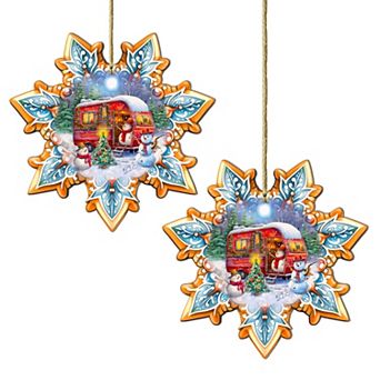 Set Of 2 - Snowman's Family Snowflake Wooden Christmas Ornaments By G. Debrekht