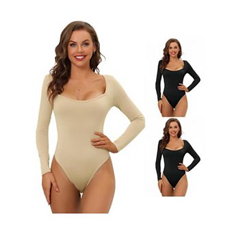 3 Packs Women's Long Sleeve Bodysuit Shapewear Slim Fit Stretchy Square Neck Leotard Jumpsuit Tops
