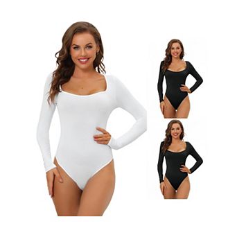 3 Packs Women's Long Sleeve Bodysuit Shapewear Slim Fit Stretchy Square Neck Leotard Jumpsuit Tops