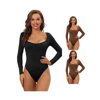 3 Packs Women's Long Sleeve Bodysuit Shapewear Slim Fit Stretchy Square Neck Leotard Jumpsuit Tops