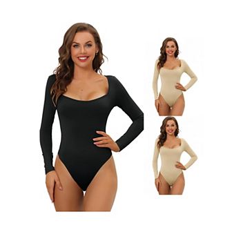 3 Packs Women's Long Sleeve Bodysuit Shapewear Slim Fit Stretchy Square Neck Leotard Jumpsuit Tops