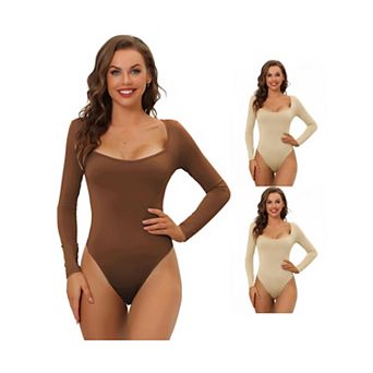 3 Packs Women's Long Sleeve Bodysuit Shapewear Slim Fit Stretchy Square Neck Leotard Jumpsuit Tops