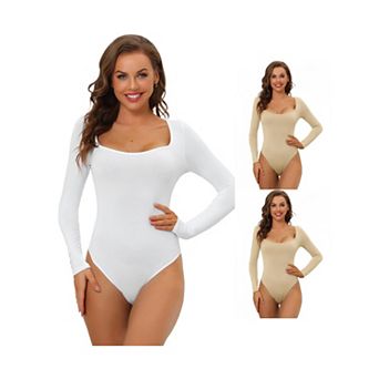3 Packs Women's Long Sleeve Bodysuit Shapewear Slim Fit Stretchy Square Neck Leotard Jumpsuit Tops