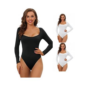3 Packs Women's Long Sleeve Bodysuit Shapewear Slim Fit Stretchy Square Neck Leotard Jumpsuit Tops