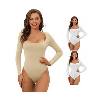 3 Packs Women's Long Sleeve Bodysuit Shapewear Slim Fit Stretchy Square Neck Leotard Jumpsuit Tops