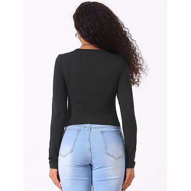 Women's Ruched Front V Neck Asymmetrical Hem Drawstring Crop Tops