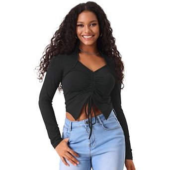 Women's Ruched Front V Neck Asymmetrical Hem Drawstring Crop Tops