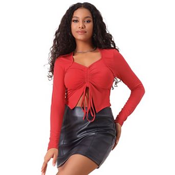 Women's Ruched Front V Neck Asymmetrical Hem Drawstring Crop Tops